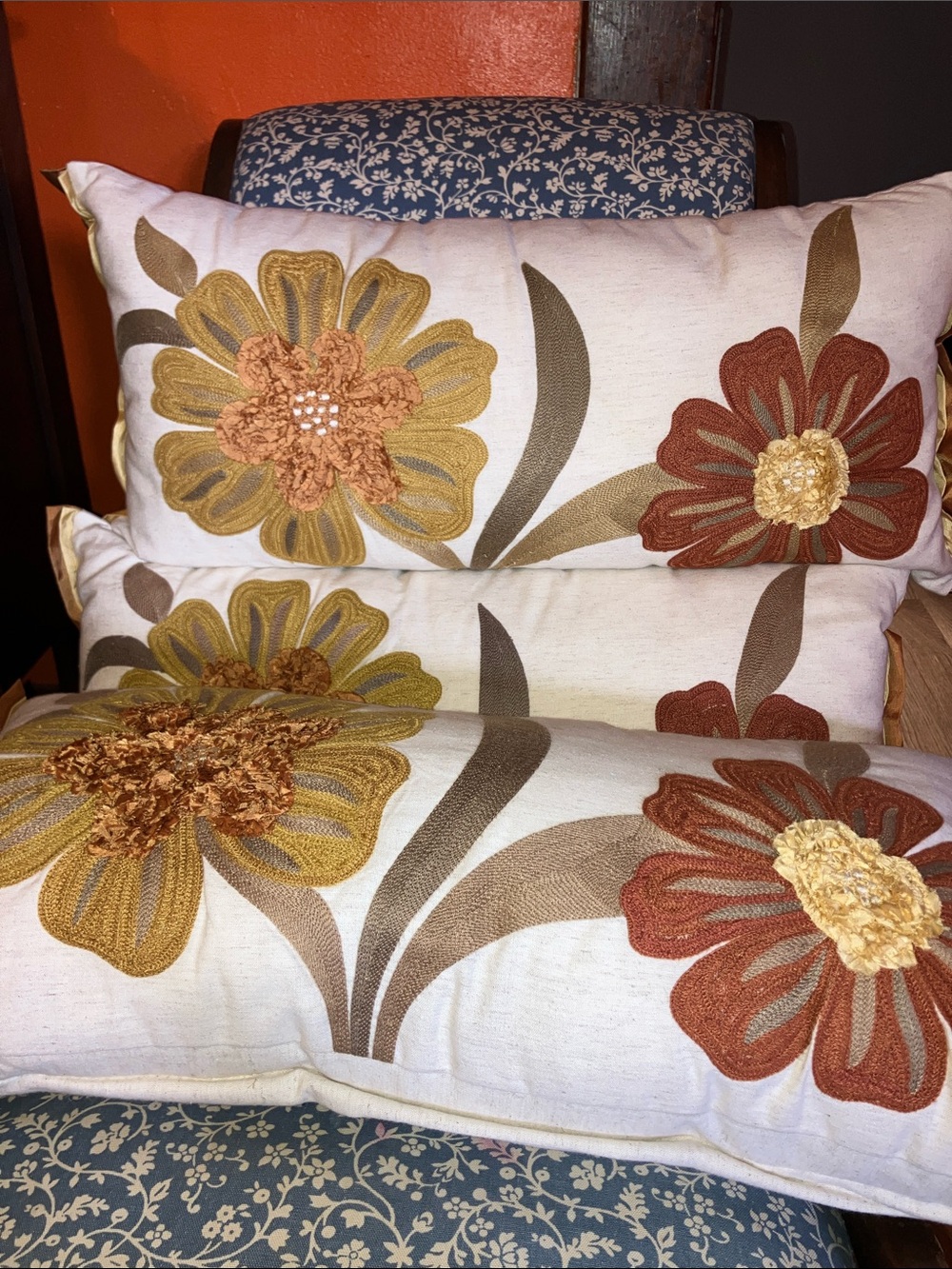 PIER 1 SET OF 3 PillowsRust Gold Embroidered Linen Blend Lumbar  Accent Flowers